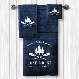 Rustikales Lake House Boat Oars Trees Blue Wood Pr Badhandtuch Set