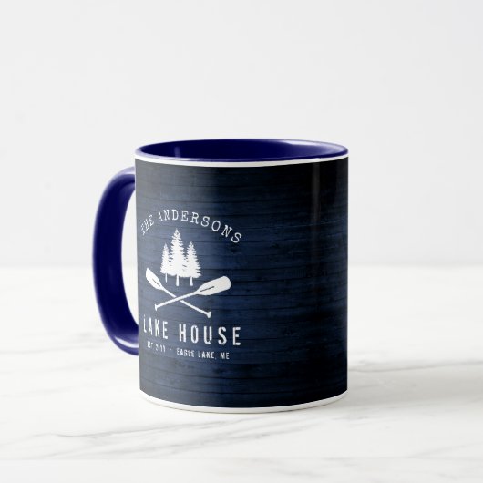Rustikales Lake House Boat Oars Trees Blue Wood Pr Tasse (Vorderseite Links)