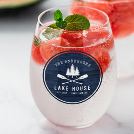 Rustikales Lake House Boat Oars Trees Blue Wood Pr Weinglas Ohne Stiel