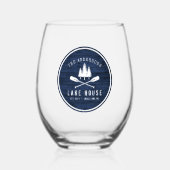 Rustikales Lake House Boat Oars Trees Blue Wood Pr Weinglas Ohne Stiel (Vorderseite)