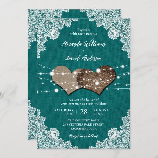 Rustikales Land Aquamarin Burlap Lace Hochzeit Einladung (Vorne/Hinten)