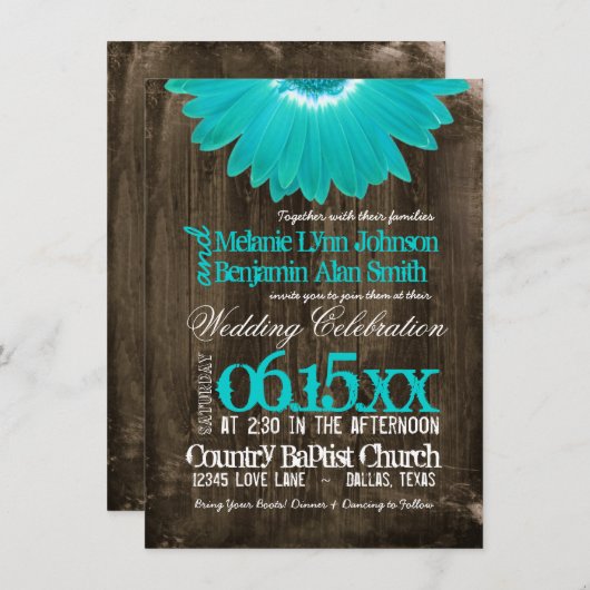 Rustikales Land Aquamarin Daisy Wood Wedding Einla Einladung (Vorne/Hinten)