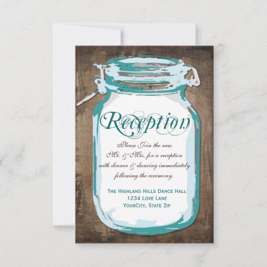 Rustikales Land Aquamarin Mason Jar Empfang Cards Einladung (Vorderseite)