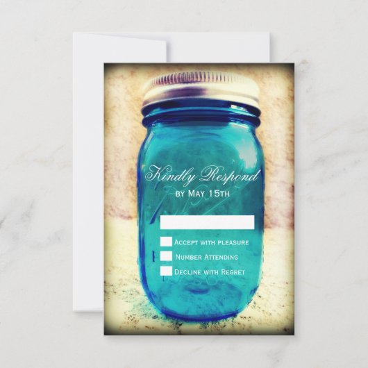 Rustikales Land Aquamarin Mason Jar Wedding RSVP C Karte (Vorderseite)