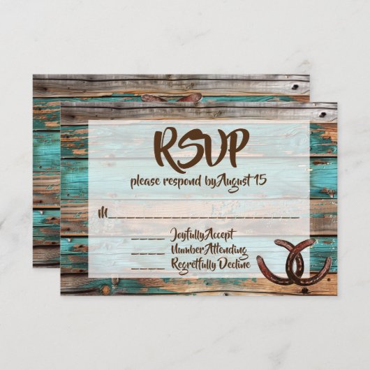 Rustikales Land Aquamarin Stallholz Hufeisenhufe U Einladung (Vorne/Hinten)