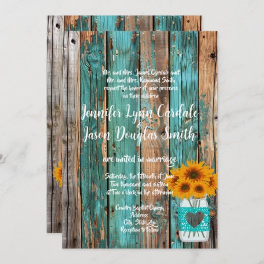 Rustikales Land Aquamarin Stallholz Sonnenblumen M Einladung (Vorne/Hinten)
