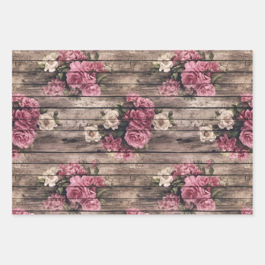 Rustikales Land bedrückt Holz rosa Florals Geschenkpapier Set