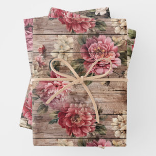 Rustikales Land bedrückt Holz rosa Florals Geschenkpapier Set