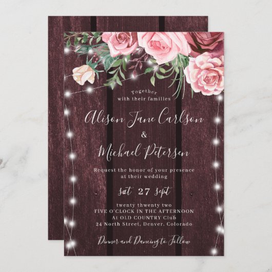 Rustikales Land Blumenstall Holz Bordeaux Hochzeit Einladung (Vorne/Hinten)