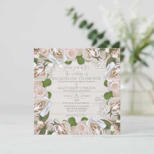 Rustikales Land Blush Rose Moderner Kranz Einladung (Stehend Vorderseite)