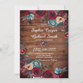 Rustikales Land Burgund Rote Marine Blumenhochzeit Einladung (Vorderseite)