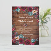 Rustikales Land Burgund Rote Marine Blumenhochzeit Einladung (Stehend Vorderseite)