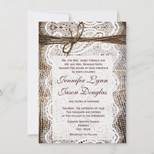 Rustikales Land Burlap Lace Ehe Einladung (Vorderseite)