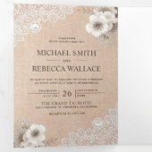 Rustikales Land Burlap Lace Elfenbeinblumenhochzei Dreifach Gefaltete Einladung (Innen Erste Seite)