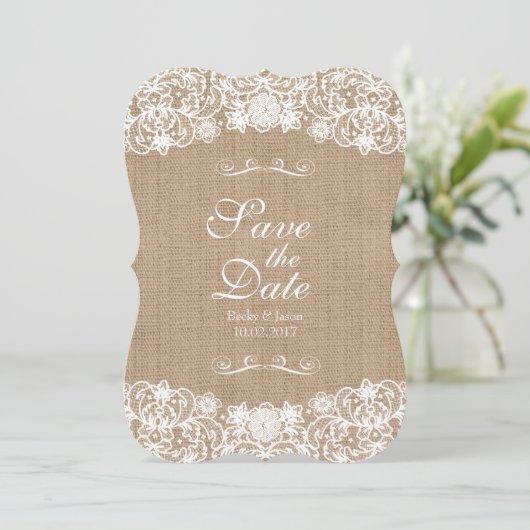 Rustikales Land Burlap Lace Hochzeit Rett-the-Date Save The Date (Stehend Vorderseite)