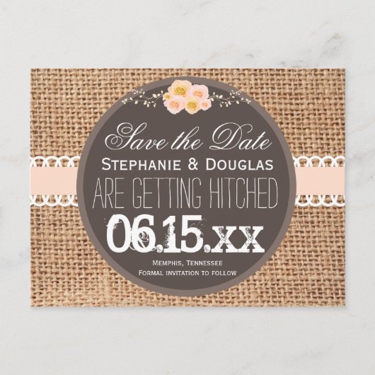 Rustikales Land Burlap Lace Save the Date Postkart Ankündigungspostkarte (Vorderseite)
