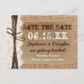 Rustikales Land Burlap Lace Save the Date Postkart Ankündigungspostkarte (Vorderseite)