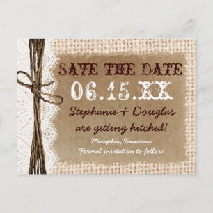Rustikales Land Burlap Lace Save the Date Postkart Ankündigungspostkarte