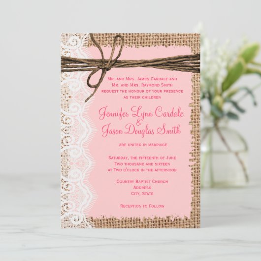 Rustikales Land Burlap Lace Twine Hochzeit Einladu Einladung (Stehend Vorderseite)