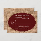 Rustikales Land Burlap Maroon Red Wedding RSVP (Vorne/Hinten)