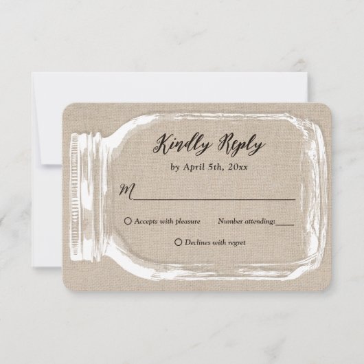 Rustikales Land Burlap Mason Jar Wedding RSVP Karte (Vorderseite)