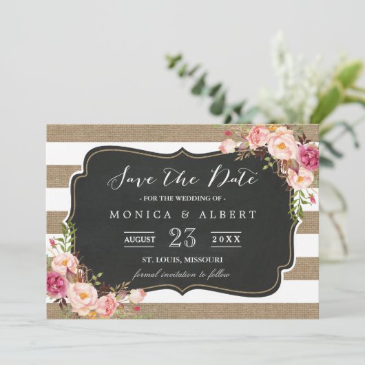 Rustikales Land Burlap Streifen Floral Save the Da Save The Date (Stehend Vorderseite)