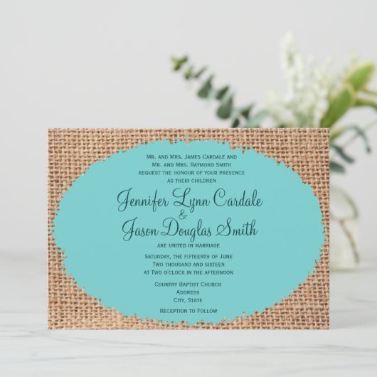 Rustikales Land Burlap Turquoise Hochzeit Einladun Einladung (Stehend Vorderseite)