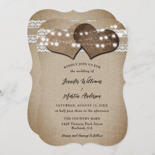 Rustikales Land Burlap- und Hochzeitseinladen Einladung (Vorne/Hinten)