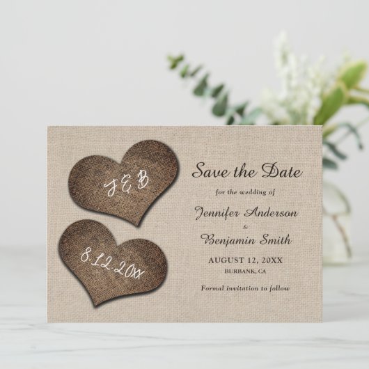 Rustikales Land Burlap Wedding rettet die Datumska Save The Date (Stehend Vorderseite)