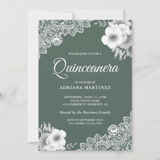 Rustikales Land Dusty Green Floral Lace Quinceaner Einladung (Vorderseite)