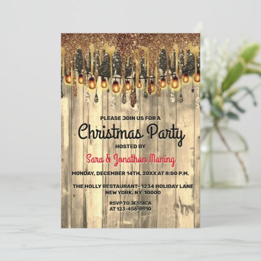 Rustikales Land Gold Glitzer Tropfen Weihnachts-Pa Einladung (Stehend Vorderseite)