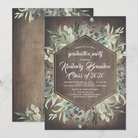 Rustikales Land | Greenery Gold Frame Abschluss Einladung (Vorne/Hinten)