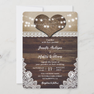 Rustikales Land Holz Burlap Lights Hochzeit Einladung