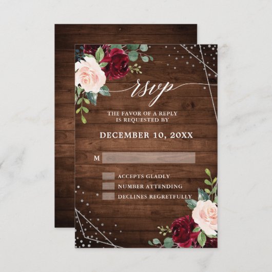 Rustikales Land Holz Geometric Burgundy Floral RSVP Karte (Vorne/Hinten)
