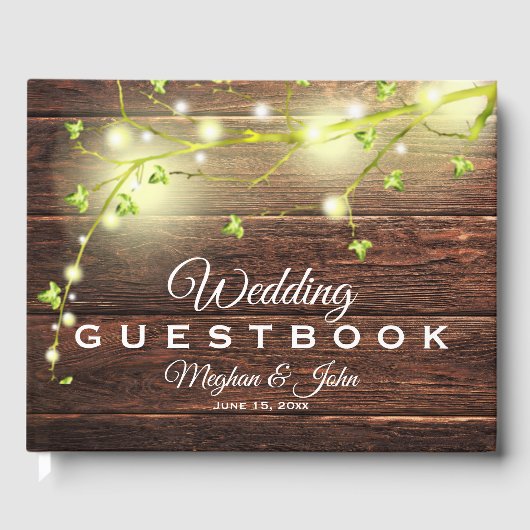 Rustikales Land Holz Mason Jar String Lights Tree Gästebuch (Vorderseite)