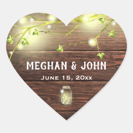 Rustikales Land Holz Mason Jar String Lights Tree Herz-Aufkleber (Vorderseite)