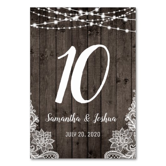 Rustikales Land Holz String Lights Hochzeit Tischnummer (Vorderseite)