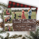 Rustikales Land Holz String Lights Mason Jars Feiertagskarte<br><div class="desc">Feiern Sie Weihnachten mit diesen rustikalen Scheune 4-Foto Collage Karten. Handgeschriebene Typografie und Saitenleuchten mit Maurergläsern sorgen für den perfekten warmen und landschaftlichen Flair für diesen Gruß und sind eine großartige Wahl für Familie und Freunde. Die Rückseite weist eine rote Büffel-karierte Textur auf. Entsprechende Produkte finden Sie in unserer "Rustic...</div>
