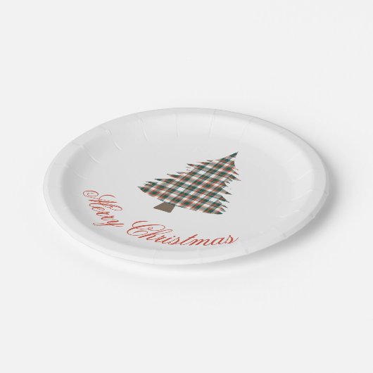 Rustikales Land Karierte Weihnachtsbaumfeier Pappteller (Schrägansicht)