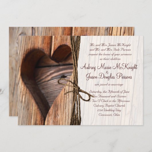 Rustikales Land-lädt hölzerne Herz-Schnur-Hochzeit Einladung (Vorne/Hinten)