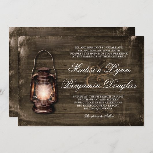 Rustikales Land Lattern Barn Wood Wedites Einladung (Vorne/Hinten)
