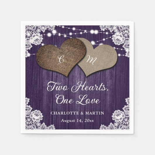 Rustikales Land, Lila Holzwurfenhochzeit Serviette (Vorderseite)