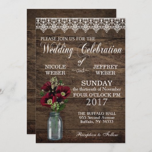 Rustikales Land Maroon Mason Jar Country Wedding Einladung (Vorne/Hinten)