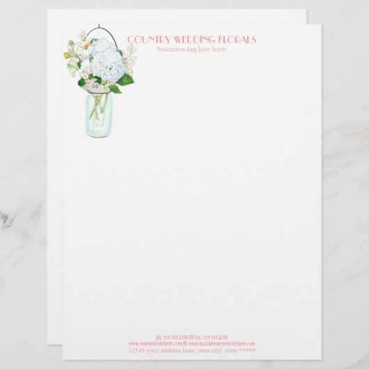 Rustikales Land Mason Jar Blume White Hydrangeas Briefbogen (Vorne/Hinten)