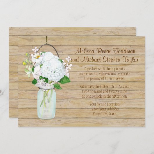 Rustikales Land Mason Jar Blume White Hydrangeas Einladung (Vorne/Hinten)