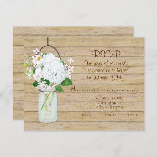 Rustikales Land Mason Jar Blume White Hydrangeas RSVP Karte (Vorne/Hinten)