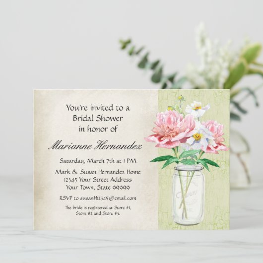 Rustikales Land Mason Jar Poppy Bouquet Pink Einladung (Stehend Vorderseite)