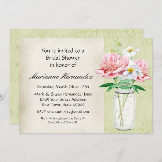 Rustikales Land Mason Jar Poppy Bouquet Pink Einladung (Vorne/Hinten)