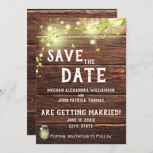 Rustikales Land Mason String Leuchten Save the Dat Einladung (Vorne/Hinten)