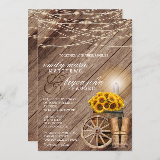 Rustikales Land mit Holzfässern und Sonnenblumen Einladung (Vorne/Hinten)